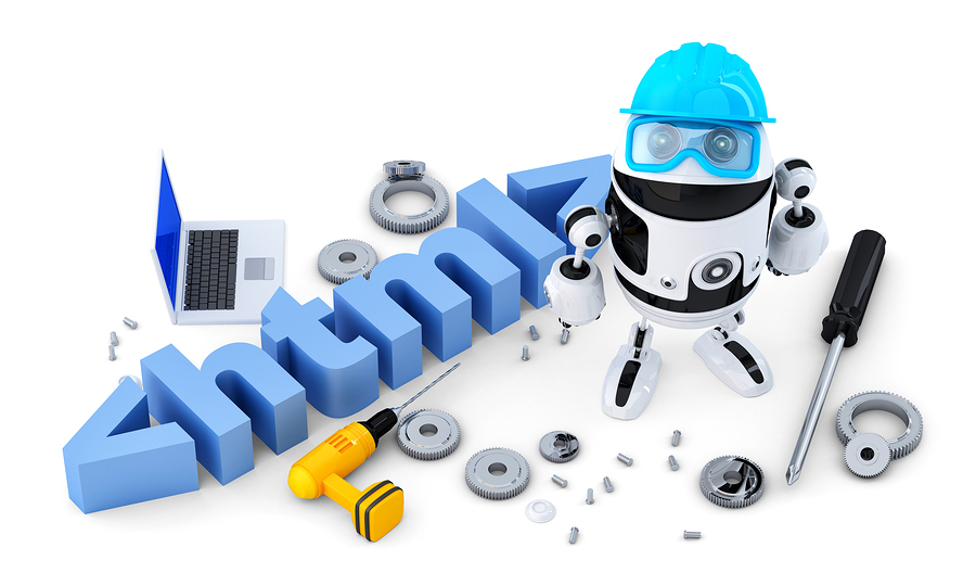 Robot beside a large HTML sign